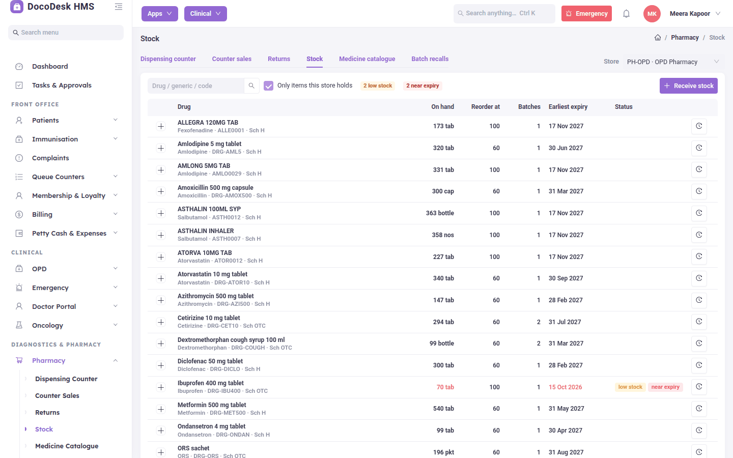 Store stock with on-hand quantity, reorder level, batches and earliest expiry